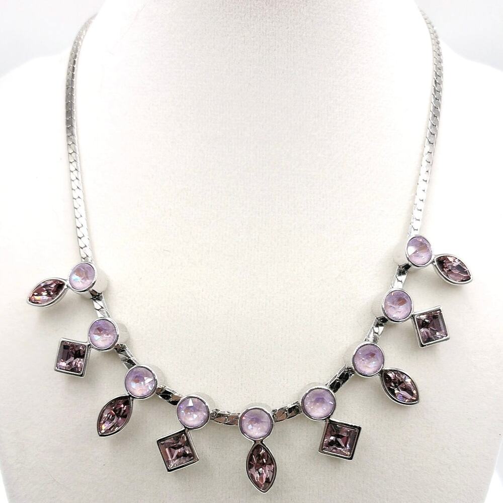 Silver Tone and Soft Pink Rhinestones Necklace 17”